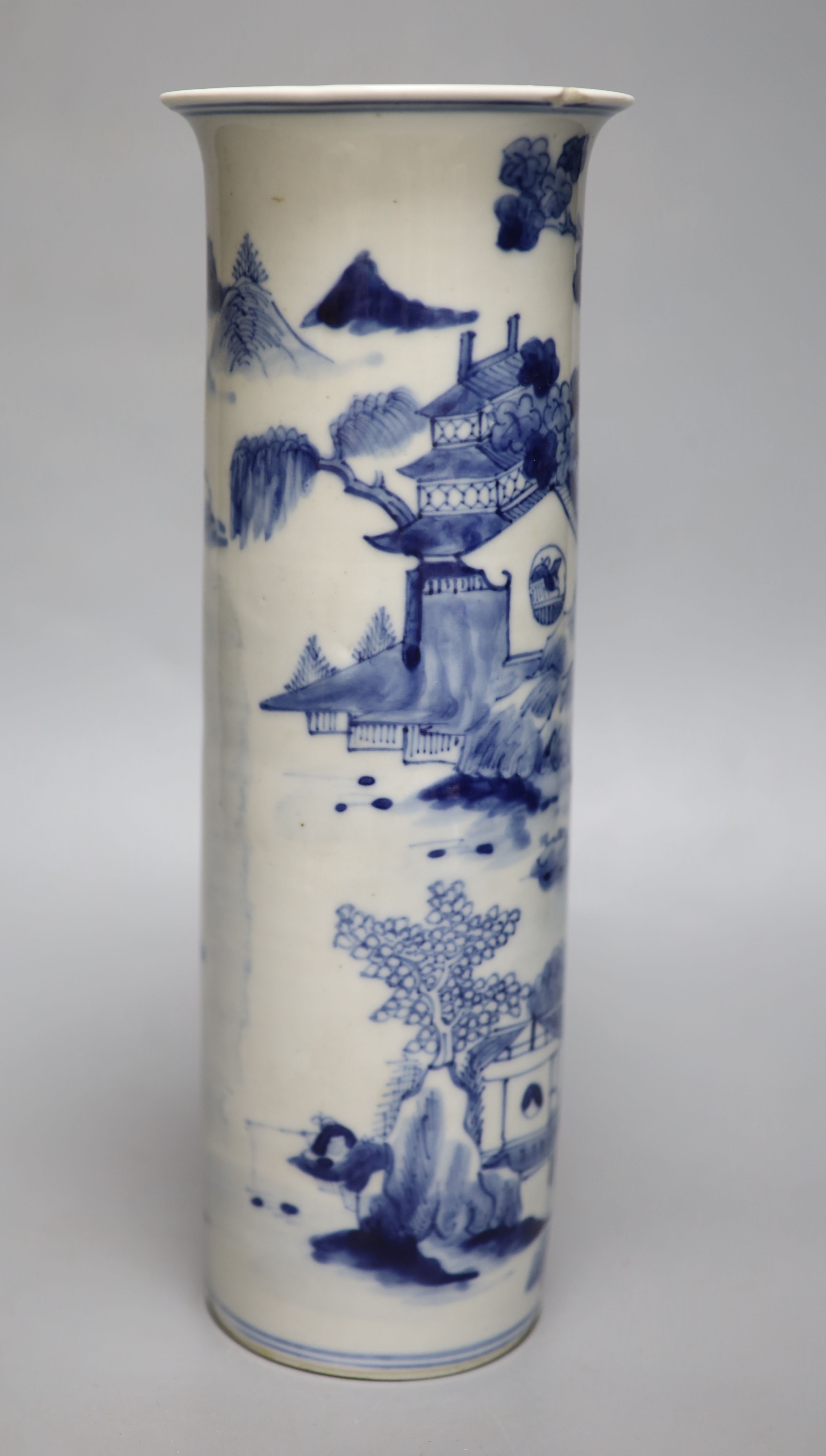 A Chinese blue and white sleeve vase, Kangxi mark but c.1900, height 30.5cm